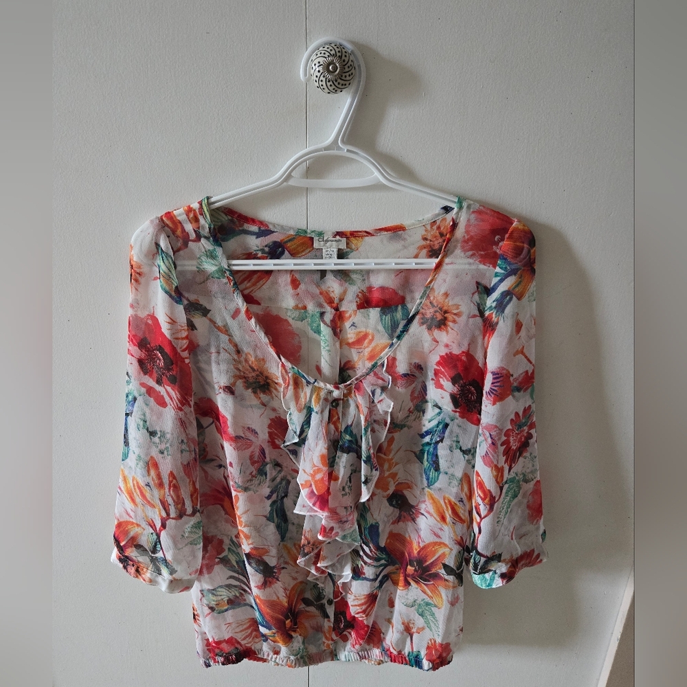 Dynamite Pink and Red Ruffled Wrap Blouse